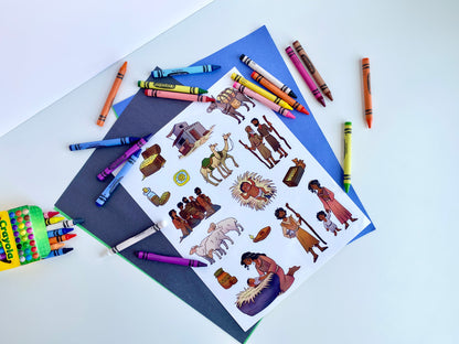 Full sticker sheet with all nativity characters and crayons